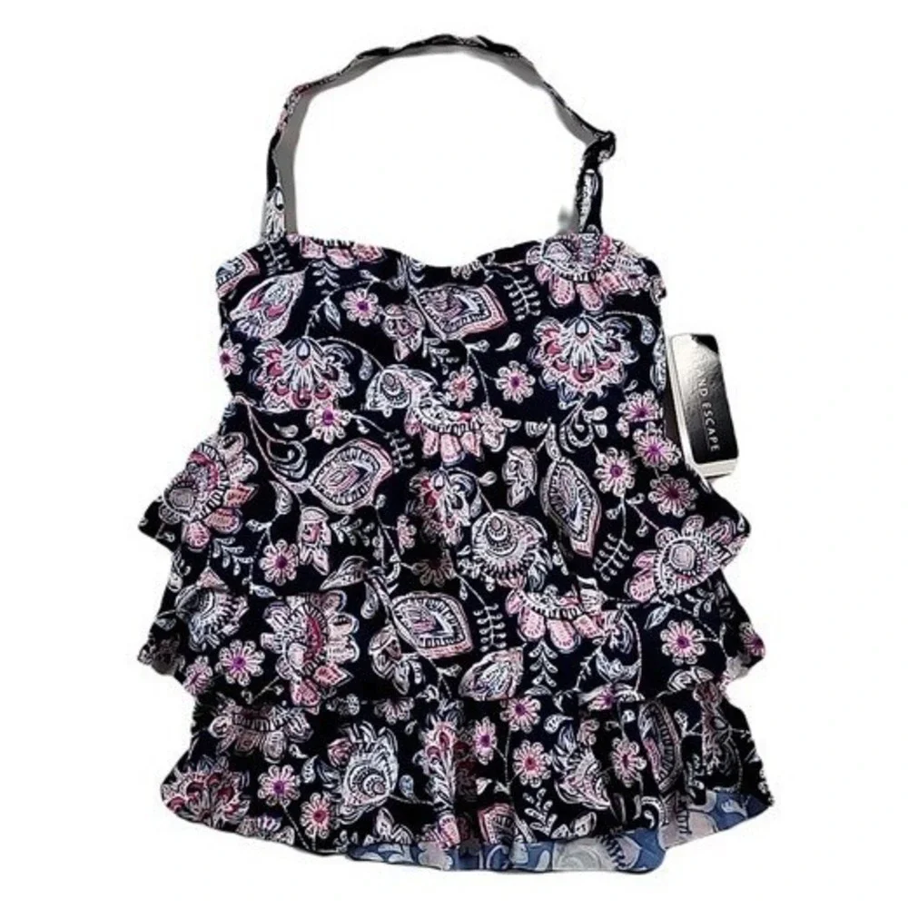 ISLAND ESCAPE Bandini Swimsuit‎ Top Womens 8 Navy Floral Stretch Remove Cups NEW